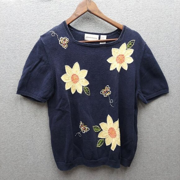 Alfred Dunner Womens Navy Floral Embroidered Short Sleeve Sweater L Cotton/Ramie - Picture 1 of 3